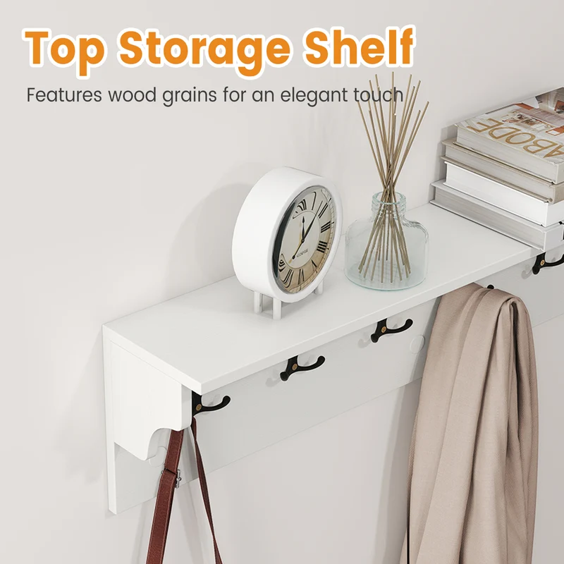 Wall Hooks with Shelf 31.5inch Wooden Coat Rack with 6 Hooks for Hats Towels Purses Robes, White