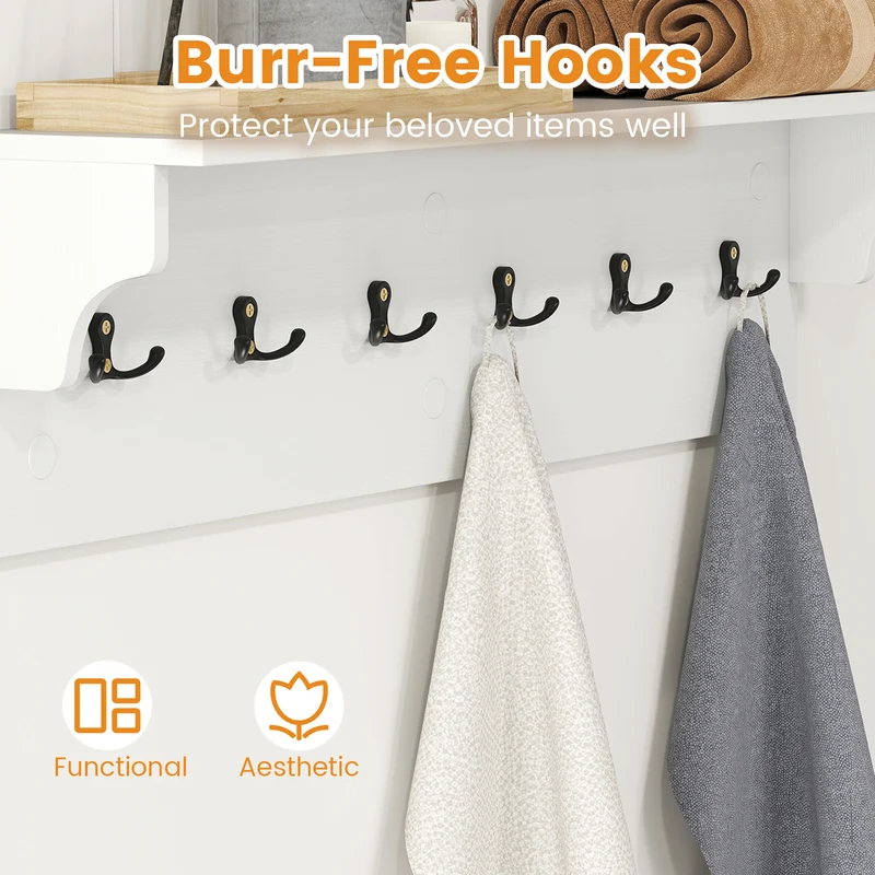 Wall Hooks with Shelf 31.5inch Wooden Coat Rack with 6 Hooks for Hats Towels Purses Robes, White