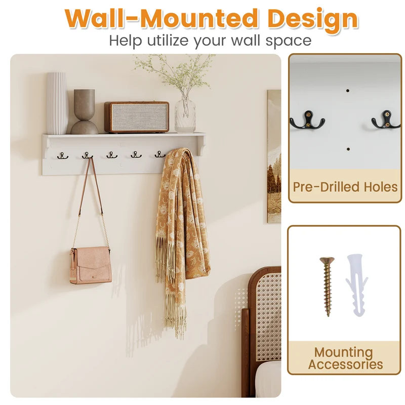 Wall Hooks with Shelf 31.5inch Wooden Coat Rack with 6 Hooks for Hats Towels Purses Robes, White