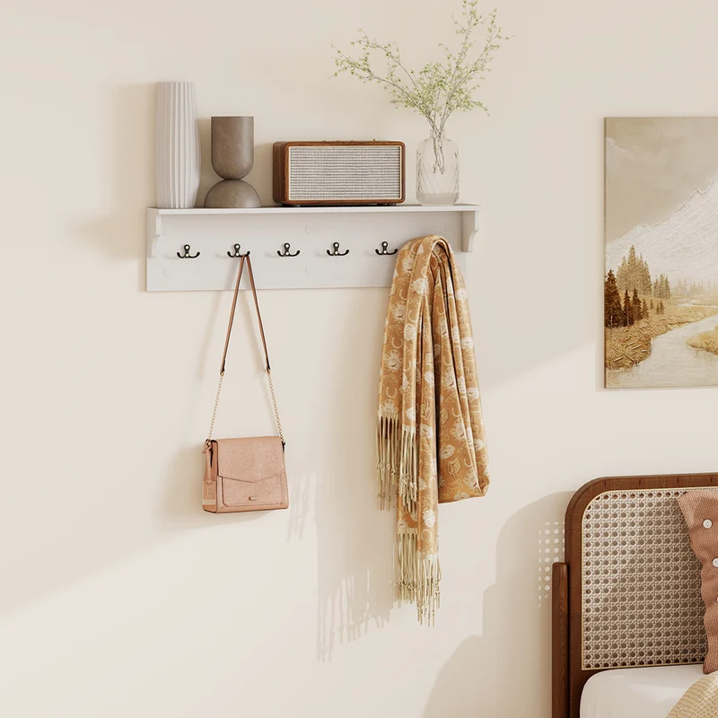 Wall Hooks with Shelf 31.5inch Wooden Coat Rack with 6 Hooks for Hats Towels Purses Robes, White