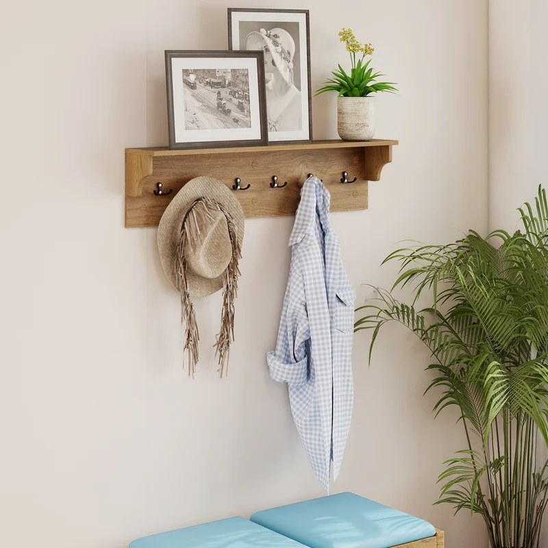 Wall Hooks with Shelf 31.5inch Wooden Coat Rack with 6 Hooks for Hats Towels Purses Robes, Natural
