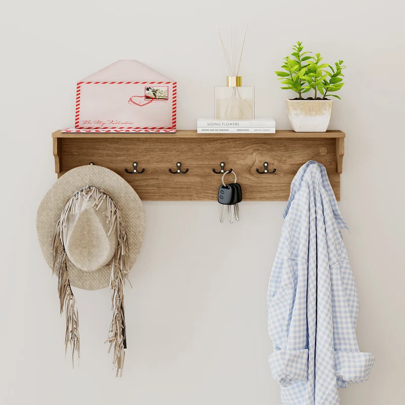 Wall Hooks with Shelf 31.5inch Wooden Coat Rack with 6 Hooks for Hats Towels Purses Robes, Natural