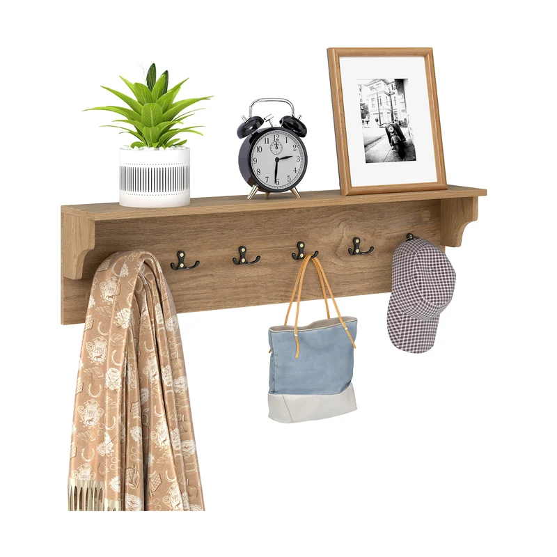 Wall Hooks with Shelf 31.5inch Wooden Coat Rack with 6 Hooks for Hats Towels Purses Robes, Natural