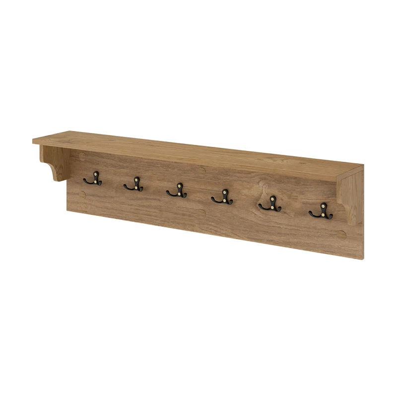 Wall Hooks with Shelf 31.5inch Wooden Coat Rack with 6 Hooks for Hats Towels Purses Robes, Natural