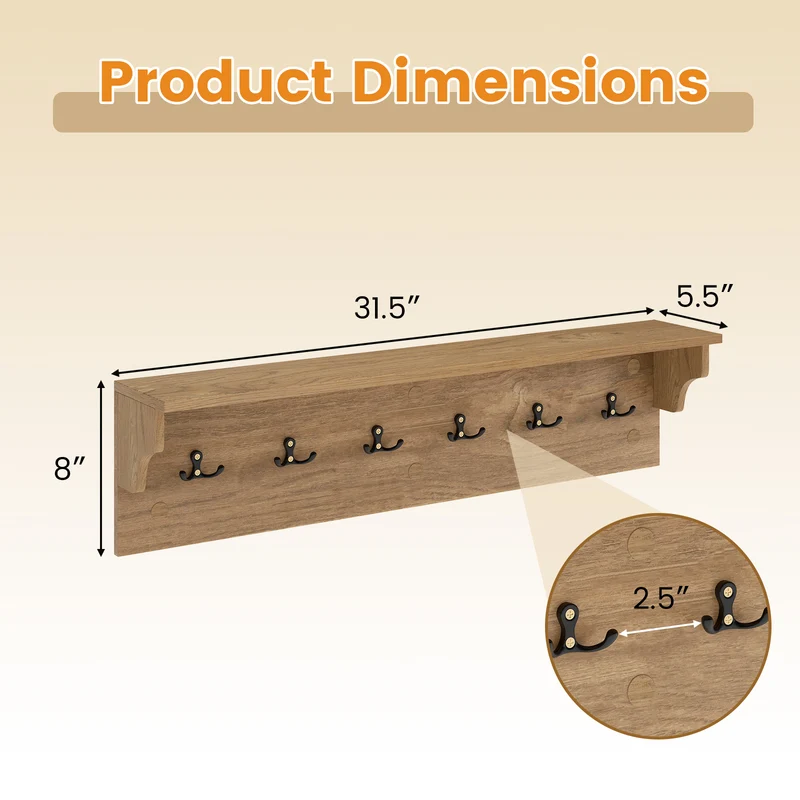 Wall Hooks with Shelf 31.5inch Wooden Coat Rack with 6 Hooks for Hats Towels Purses Robes, Natural