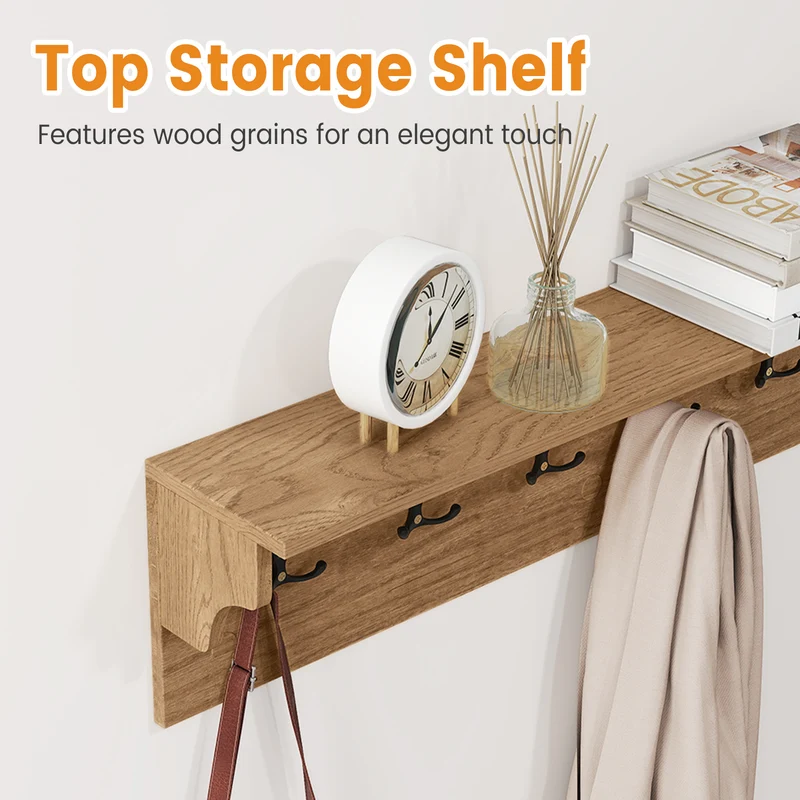 Wall Hooks with Shelf 31.5inch Wooden Coat Rack with 6 Hooks for Hats Towels Purses Robes, Natural
