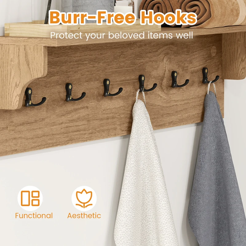 Wall Hooks with Shelf 31.5inch Wooden Coat Rack with 6 Hooks for Hats Towels Purses Robes, Natural