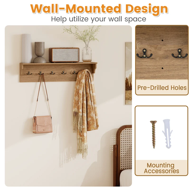 Wall Hooks with Shelf 31.5inch Wooden Coat Rack with 6 Hooks for Hats Towels Purses Robes, Natural