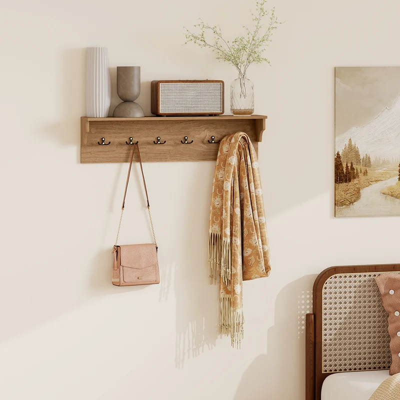 Wall Hooks with Shelf 31.5inch Wooden Coat Rack with 6 Hooks for Hats Towels Purses Robes, Natural