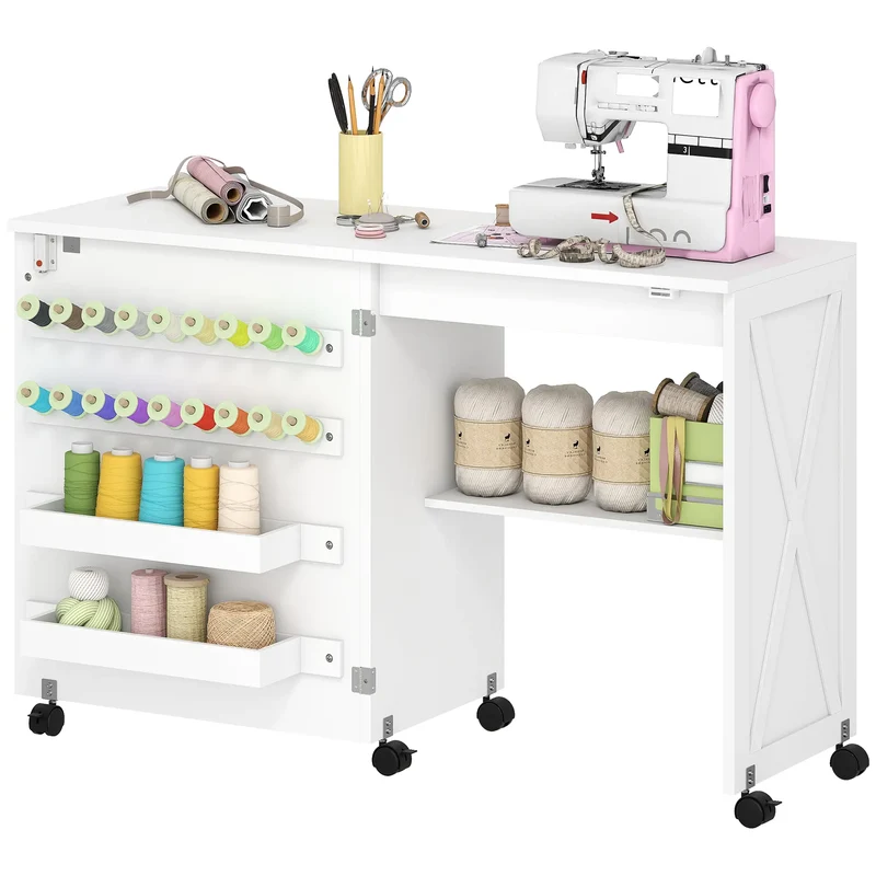 Sewing Machine Table on Wheels, Folding Craft Table with Storage, White