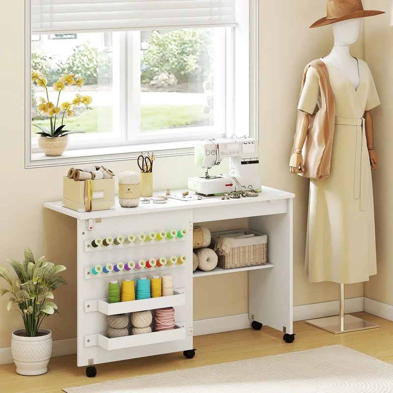 Sewing Machine Table on Wheels, Folding Craft Table with Storage, White