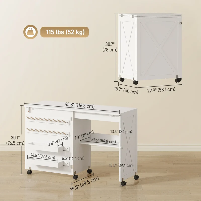 Sewing Machine Table on Wheels, Folding Craft Table with Storage, White