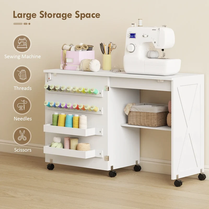 Sewing Machine Table on Wheels, Folding Craft Table with Storage, White