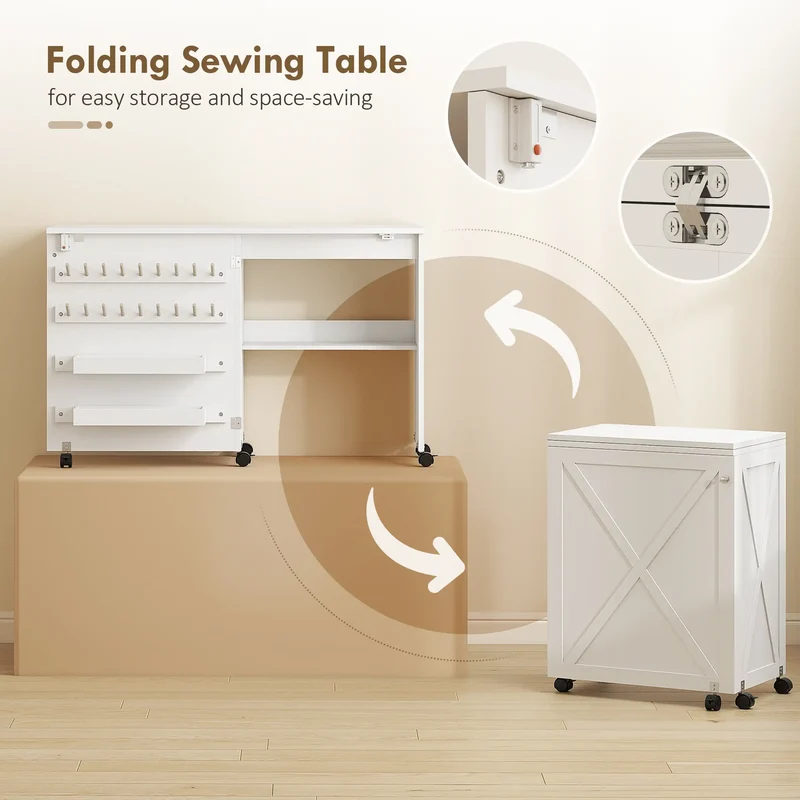 Sewing Machine Table on Wheels, Folding Craft Table with Storage, White