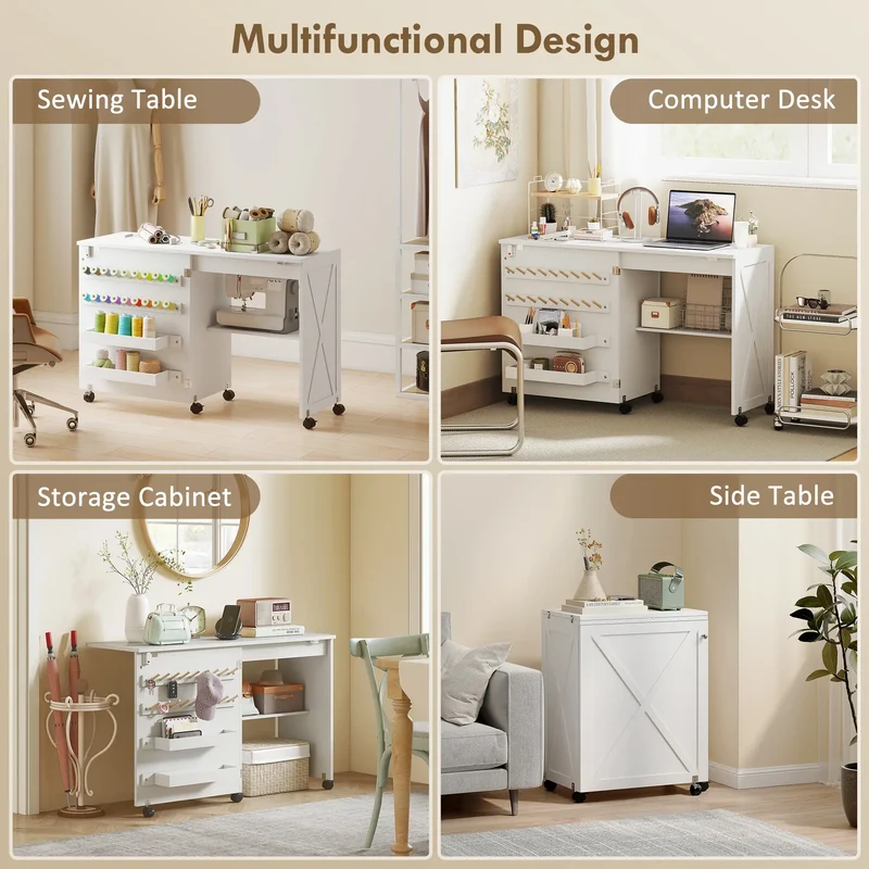Sewing Machine Table on Wheels, Folding Craft Table with Storage, White