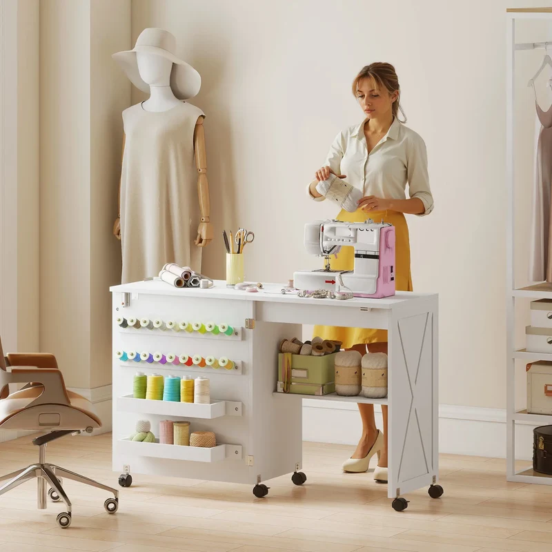 Sewing Machine Table on Wheels, Folding Craft Table with Storage, White