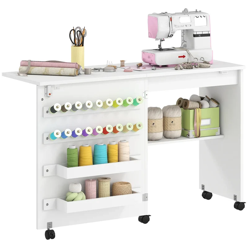 Sewing Machine Table on Wheels, Folding Craft Table with Storage, White