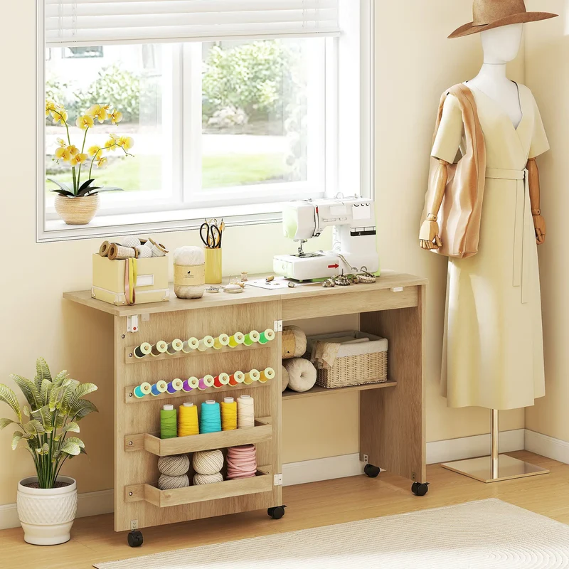 Sewing Machine Table on Wheels, Folding Craft Table with Storage, Natural