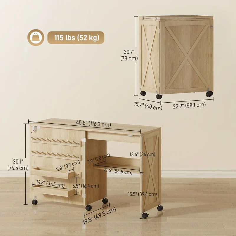Sewing Machine Table on Wheels, Folding Craft Table with Storage, Natural