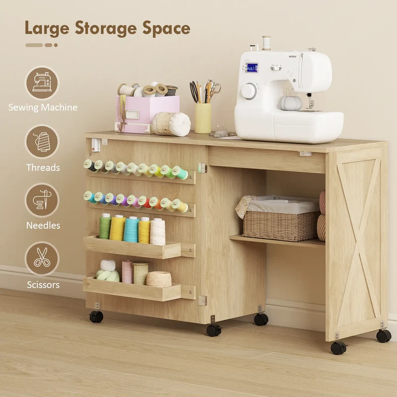 Sewing Machine Table on Wheels, Folding Craft Table with Storage, Natural