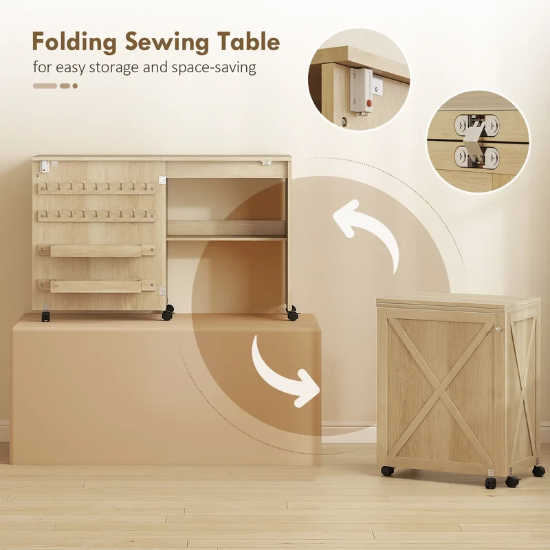 Sewing Machine Table on Wheels, Folding Craft Table with Storage, Natural