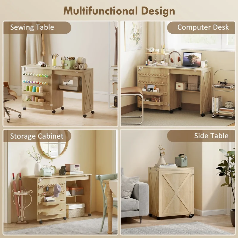 Sewing Machine Table on Wheels, Folding Craft Table with Storage, Natural