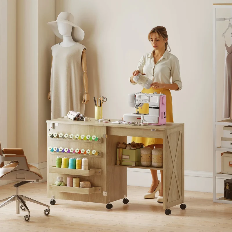 Sewing Machine Table on Wheels, Folding Craft Table with Storage, Natural