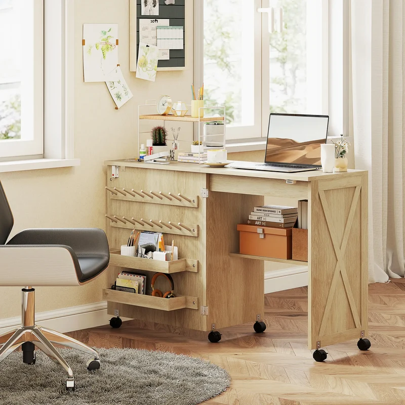 Sewing Machine Table on Wheels, Folding Craft Table with Storage, Natural