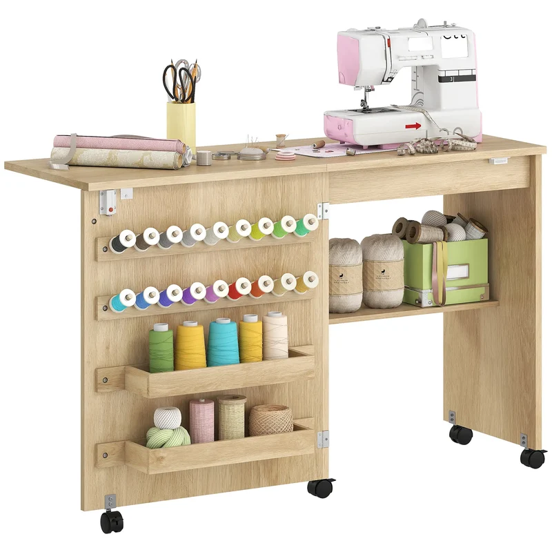 Sewing Machine Table on Wheels, Folding Craft Table with Storage, Natural