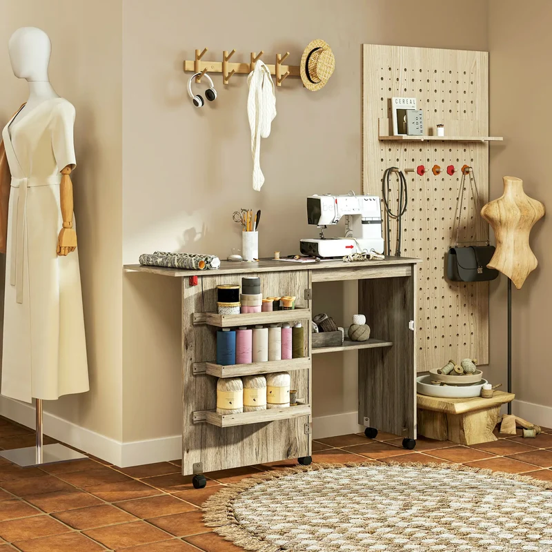 Folding Sewing Table with Storage Shelf, Bins, Lockable Wheels, Grey