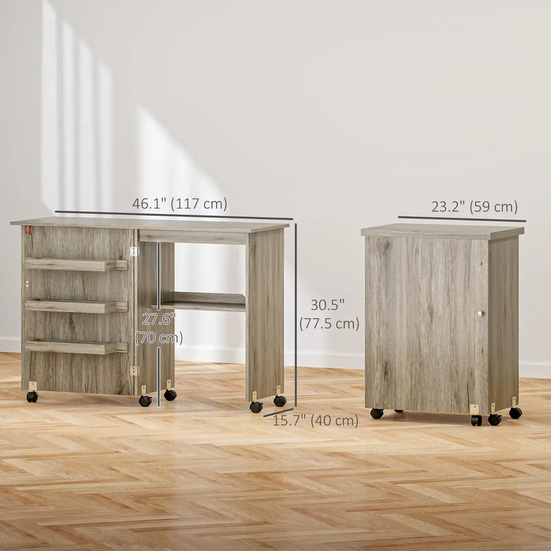 Folding Sewing Table with Storage Shelf, Bins, Lockable Wheels, Grey