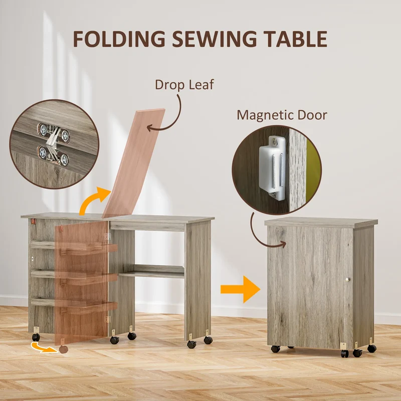 Folding Sewing Table with Storage Shelf, Bins, Lockable Wheels, Grey