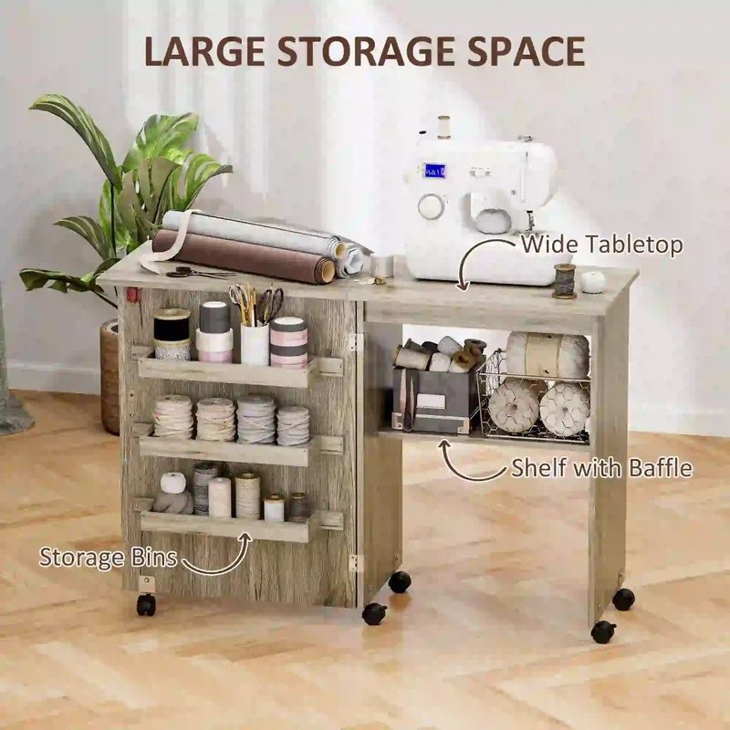 Folding Sewing Table with Storage Shelf, Bins, Lockable Wheels, Grey