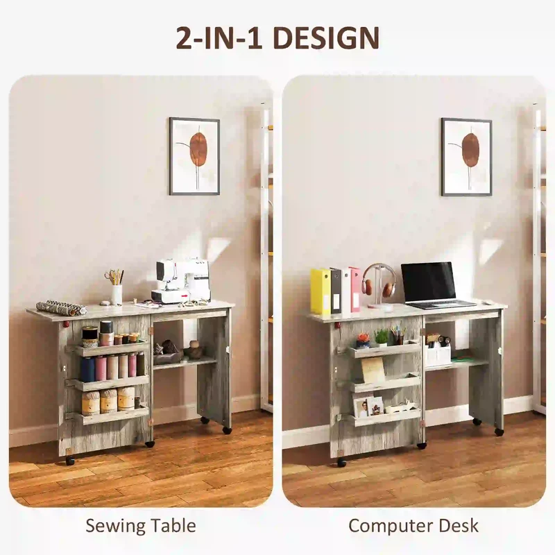 Folding Sewing Table with Storage Shelf, Bins, Lockable Wheels, Grey