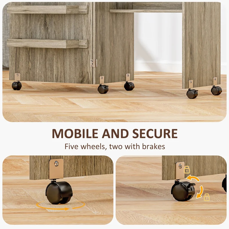 Folding Sewing Table with Storage Shelf, Bins, Lockable Wheels, Grey