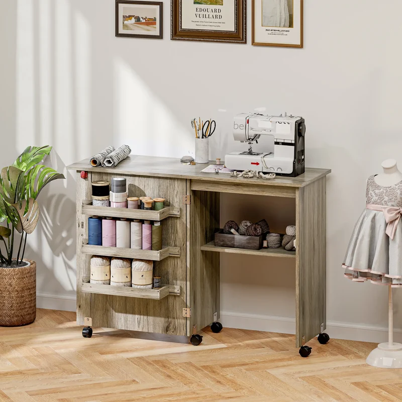 Folding Sewing Table with Storage Shelf, Bins, Lockable Wheels, Grey