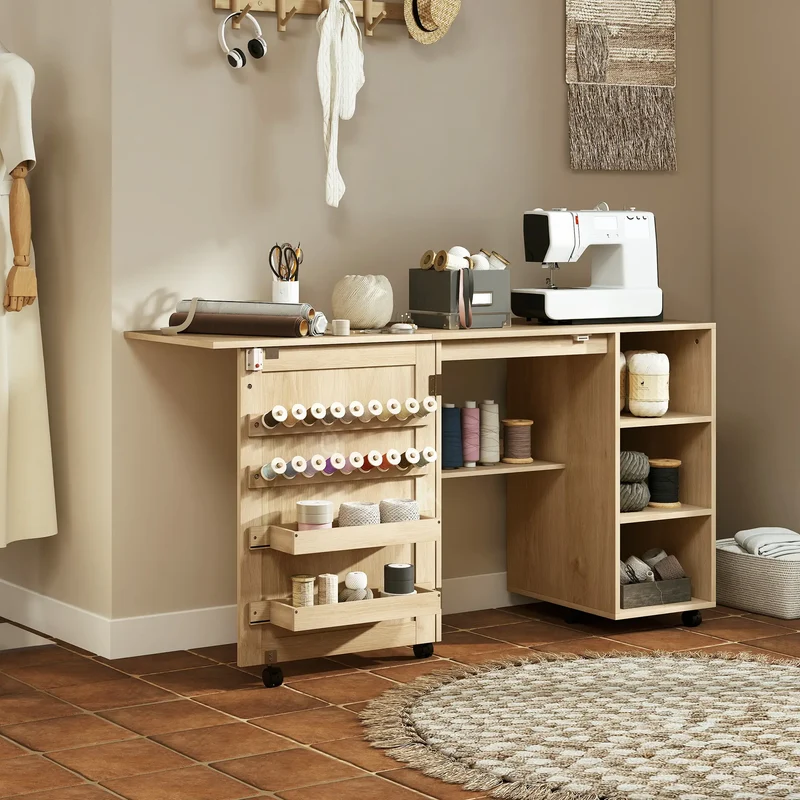 Sewing Machine Table with Drop Leaf, Rattan Door, Storage Shelves, Natural