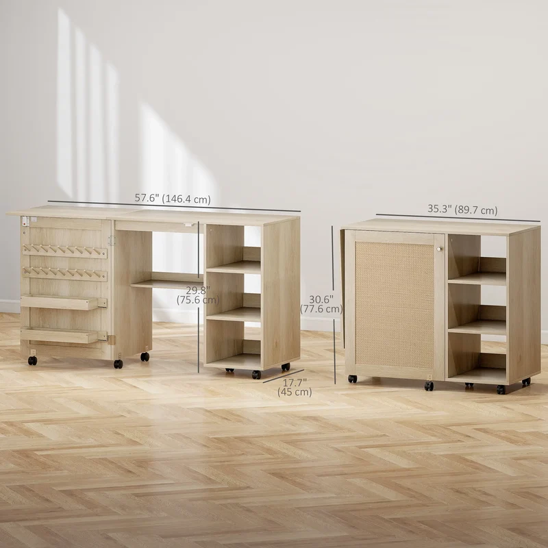 Sewing Machine Table with Drop Leaf, Rattan Door, Storage Shelves, Natural