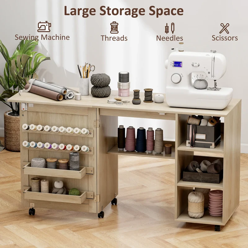 Sewing Machine Table with Drop Leaf, Rattan Door, Storage Shelves, Natural