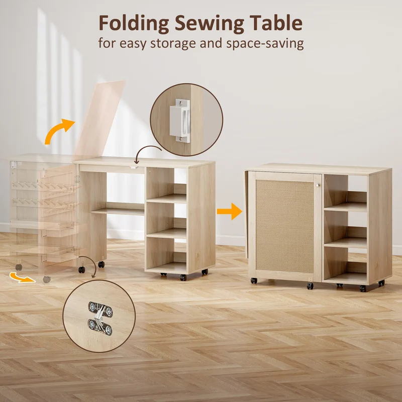 Sewing Machine Table with Drop Leaf, Rattan Door, Storage Shelves, Natural
