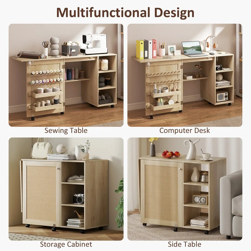 Sewing Machine Table with Drop Leaf, Rattan Door, Storage Shelves, Natural