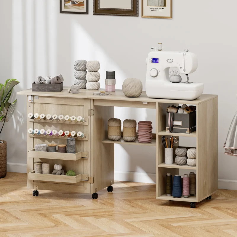 Sewing Machine Table with Drop Leaf, Rattan Door, Storage Shelves, Natural
