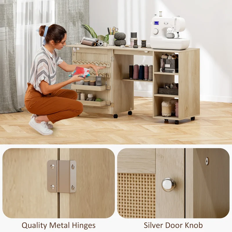 Sewing Machine Table with Drop Leaf, Rattan Door, Storage Shelves, Natural