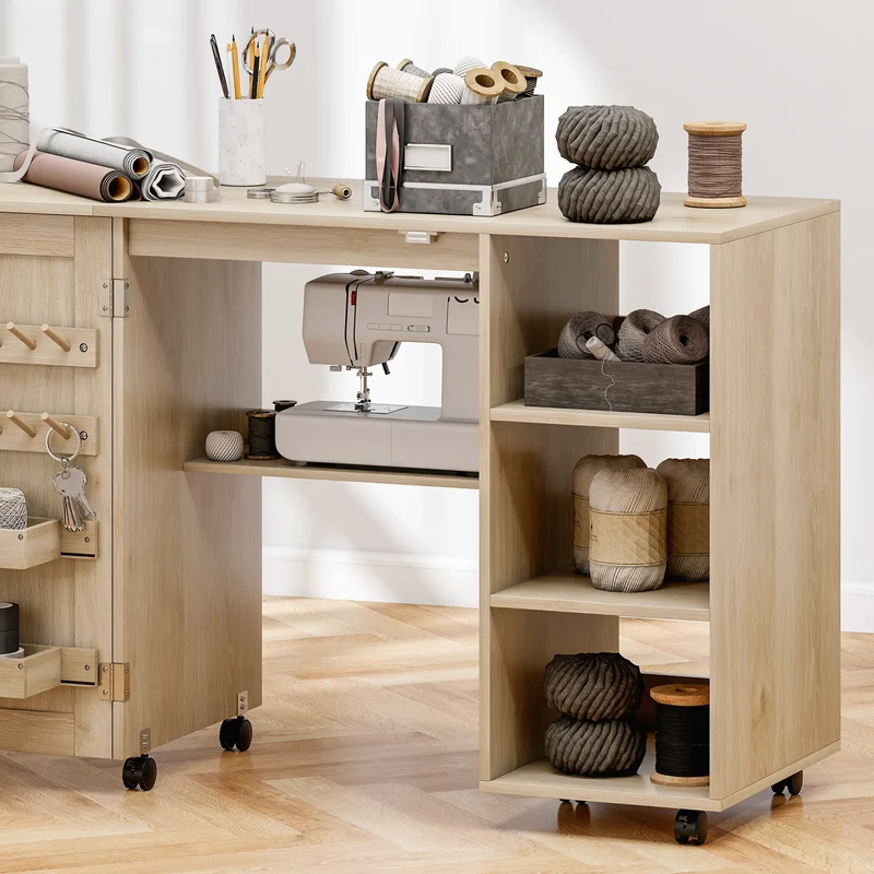 Sewing Machine Table with Drop Leaf, Rattan Door, Storage Shelves, Natural