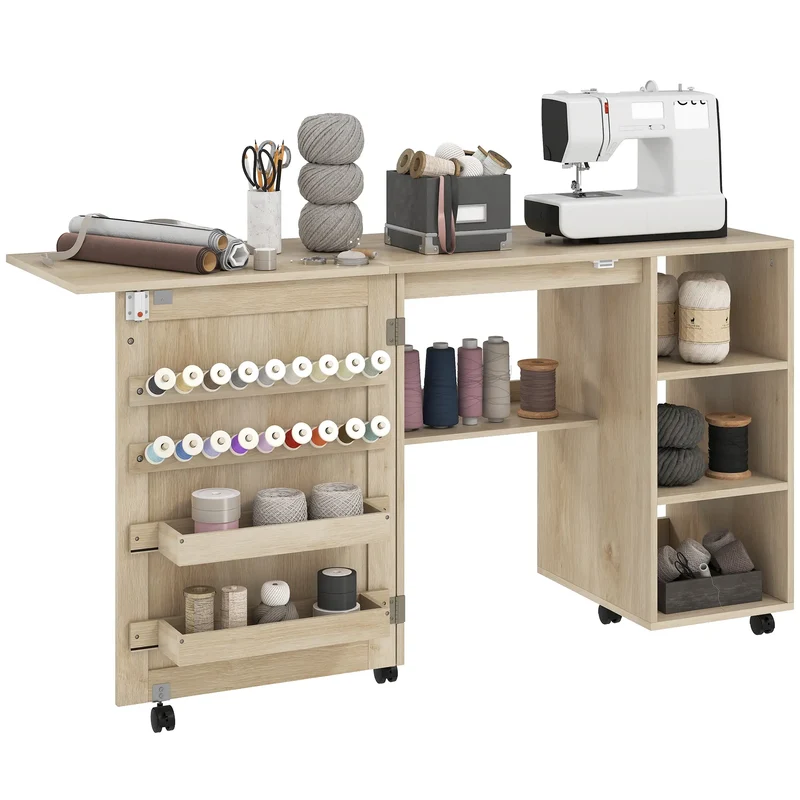 Sewing Machine Table with Drop Leaf, Rattan Door, Storage Shelves, Natural