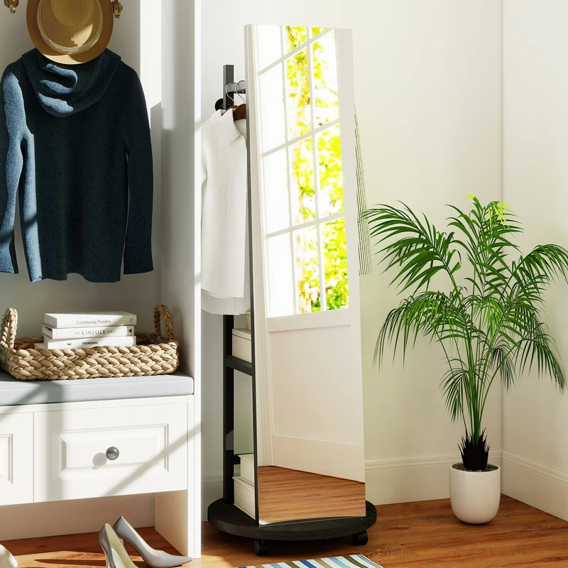 Coat Rack with Full Length Mirror Freestanding Coat Tree with 3 Hooks, Walnut