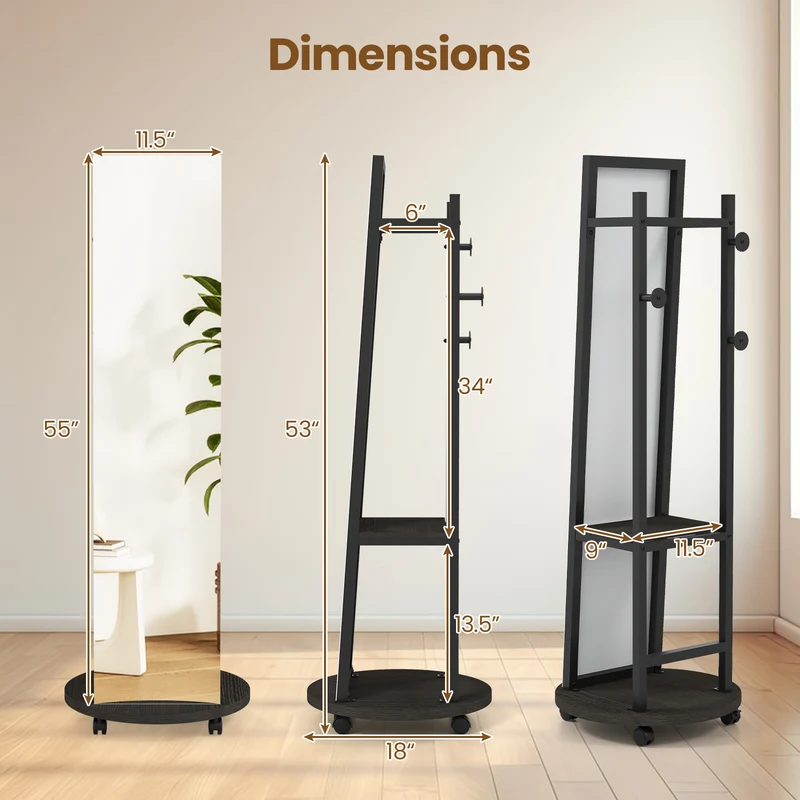 Coat Rack with Full Length Mirror Freestanding Coat Tree with 3 Hooks, Walnut