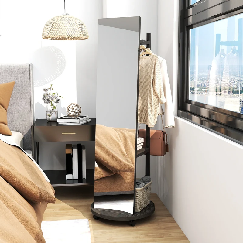 Coat Rack with Full Length Mirror Freestanding Coat Tree with 3 Hooks, Walnut