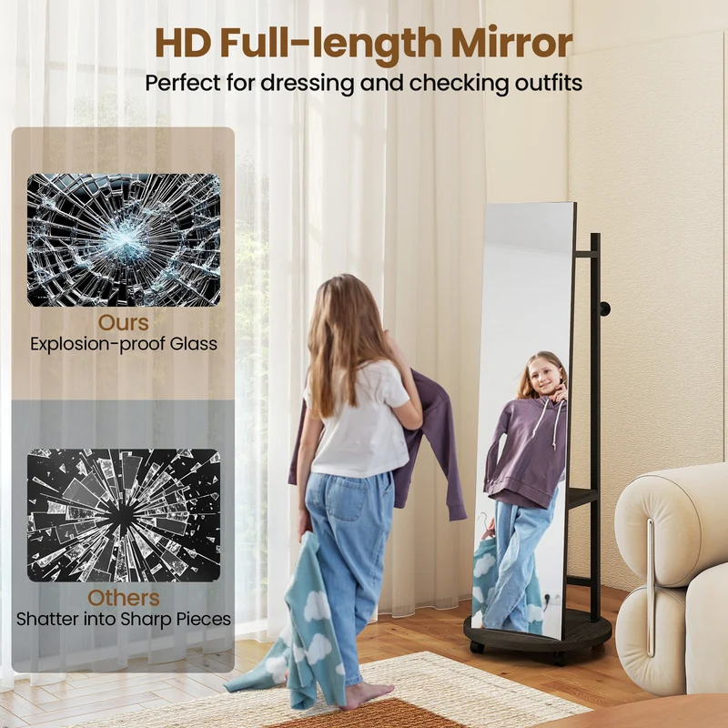 Coat Rack with Full Length Mirror Freestanding Coat Tree with 3 Hooks, Walnut