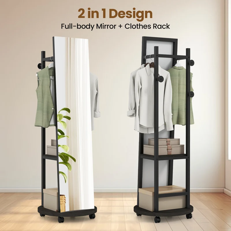 Coat Rack with Full Length Mirror Freestanding Coat Tree with 3 Hooks, Walnut